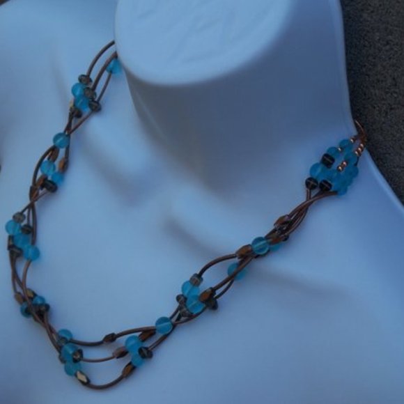 Handmade Multi Strand Necklace With Blue Glass Beads & Copper Coated Tube Beads - Picture 5 of 5